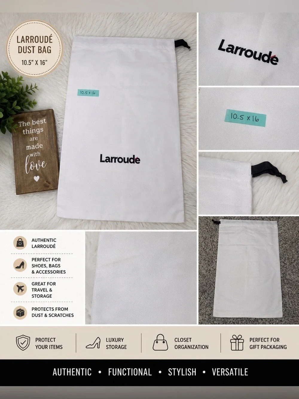 Larroudé Dust Bag White Shoe Storage Travel Bag 10.5x16